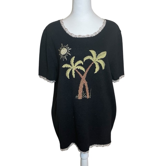CJ Banks Hand Embroidered Plus Palm Tree Short Sleeve Sweater 1X Coastal Beach - Picture 1 of 11